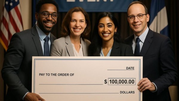 Byram Township police headquarters renovation event with group holding check