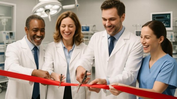 Group in NJ medical simulation lab ribbon-cutting ceremony.