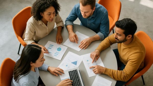 Diverse team in modern office discussing work around oval table, capturing January ADP report job growth.