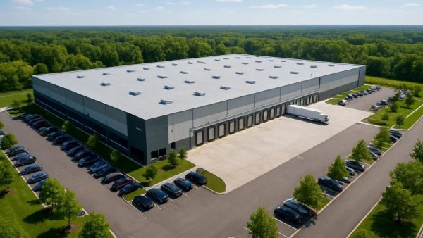Northern NJ industrial market, modern warehouse in vibrant green setting.