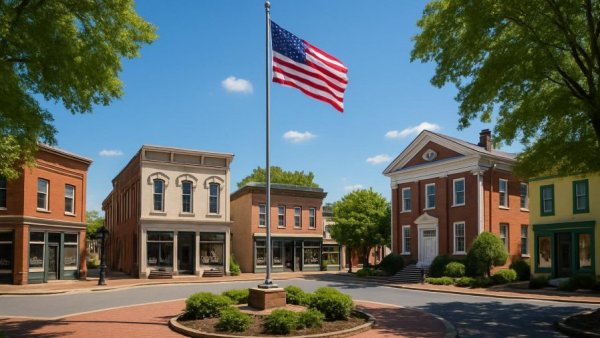 Newton Green Policy Review setting with flags and greenery in town square.