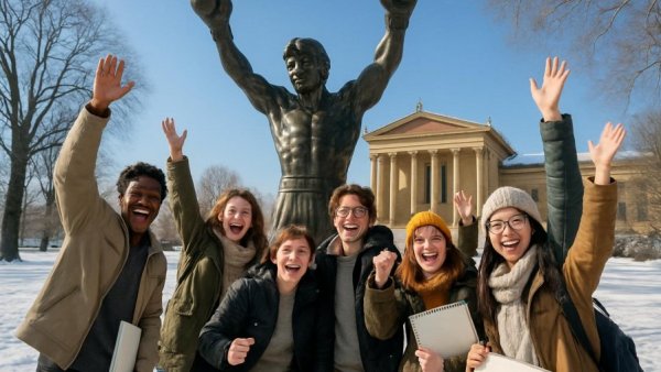 Sparta High School art students celebrate at Rocky statue in Philadelphia.
