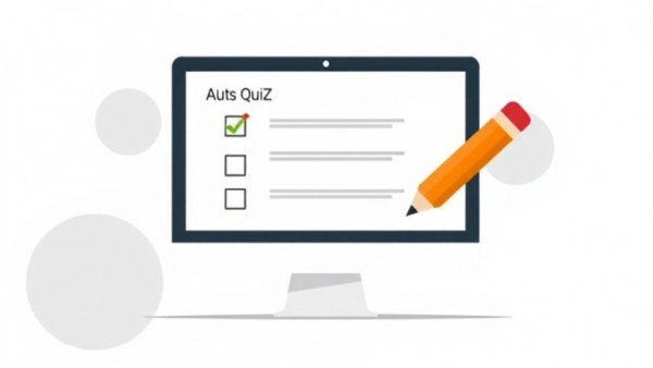 Illustration of a quiz on screen with checkboxes and pencil.