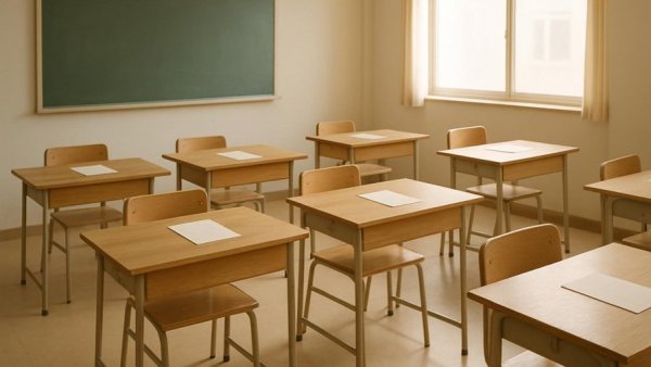 Empty classroom desks symbolizing New Jersey school funding reform.