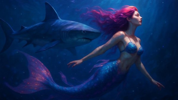 A colorful mermaid and shark swimming underwater with magical sparkles.