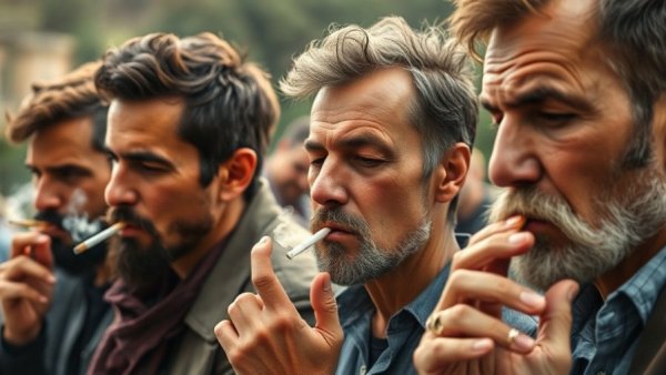 Men smoking outdoors, linked to Smoking and Parkinson's Disease Risk.