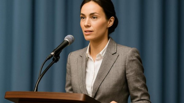 Woman discussing New Jersey budget cuts at podium.