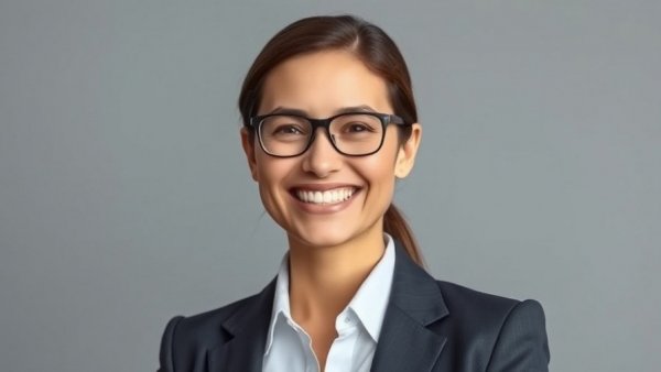 Confident woman in professional attire, smiling warmly.