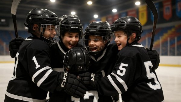 United Ice Hockey tournament results, team huddle on ice rink, photorealistic.