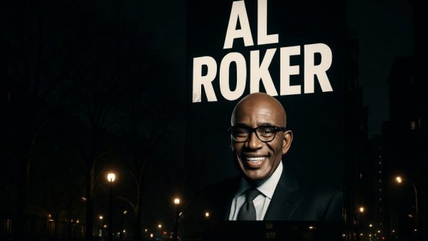 Al Roker billboard glowing at night in New Jersey street.
