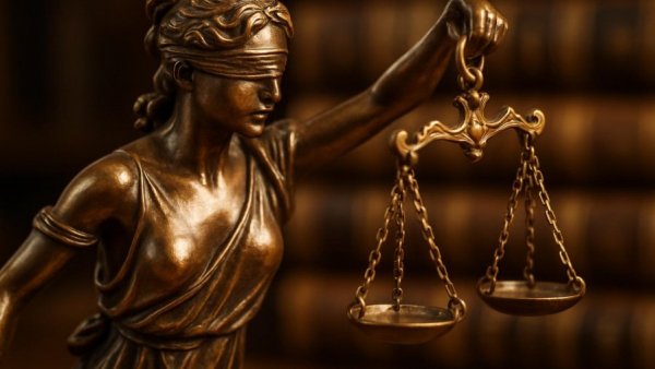 Legal scales and Lady Justice statue in soft light, Woodbridge NJ headquarters lease.