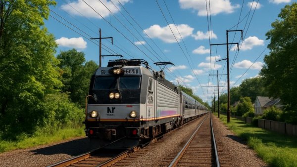 NJ Transit train in Northern NJ, sunny suburban commute.
