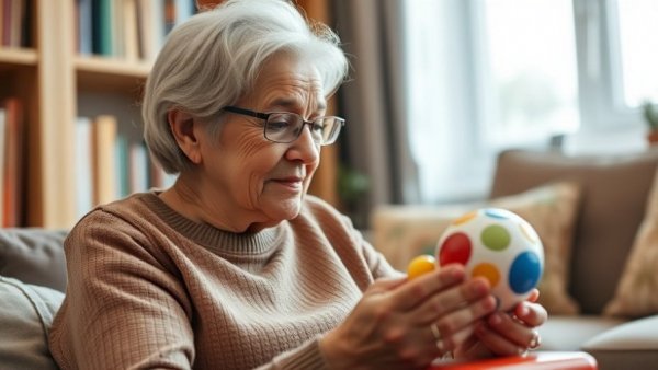 Elderly woman using a sensory toy for memory care.