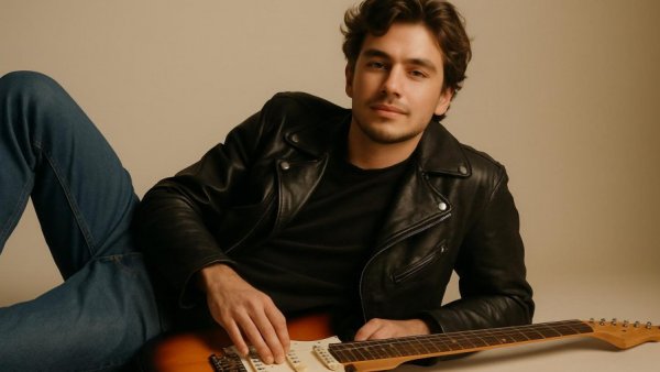 Young man reclining with electric guitar, American Idol vibe
