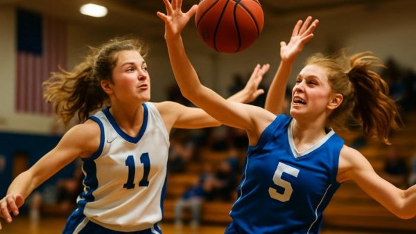 Energetic scene of Sparta Girls Basketball players in action at the gym.