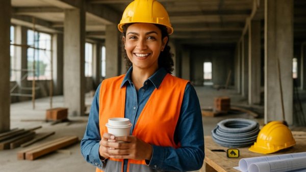 Woman at construction training program NJCU smiling at a construction site.
