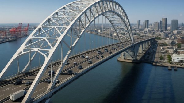 Newark Bay Bridge project over waterway with urban backdrop