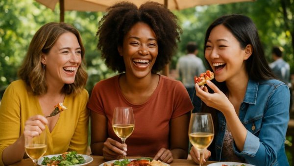 Smiling friends at Hunterdon Wine Express 2026, dining outdoors.