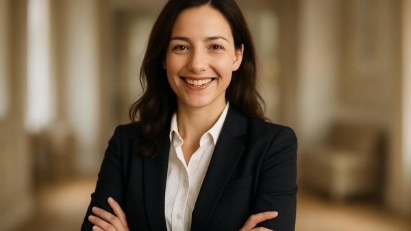 Professional woman smiling, related to virtual workshops on childhood trauma.
