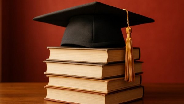 Stack of books with graduation cap; Title IX Preempts Rutgers Union Contract.