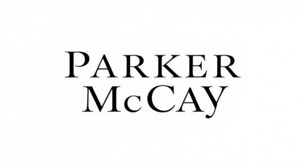 Parker McCay logo in black and gold on white background, minimalist.