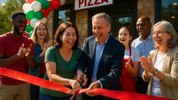 Ribbon cutting ceremony at a New Jersey pizzeria opening.