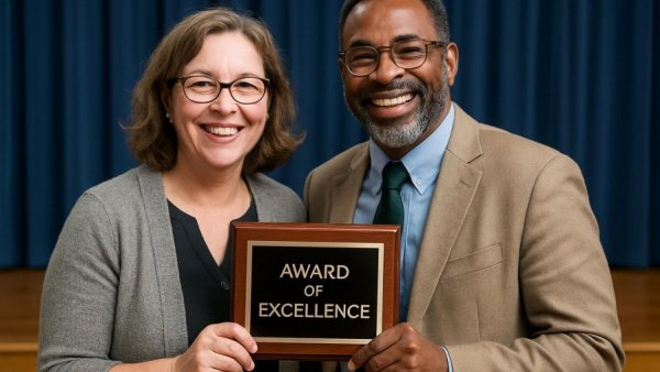 Sussex County educators recognized in ceremony, smiling and holding an award.