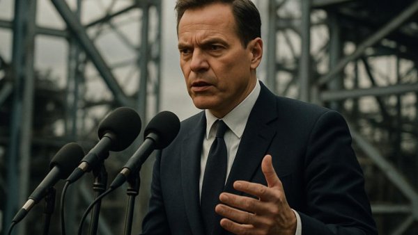 Middle-aged man speaking at press conference about utility costs in NJ.