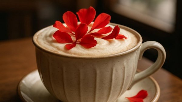 Exquisite beverage with red petals in Jersey City literary café.