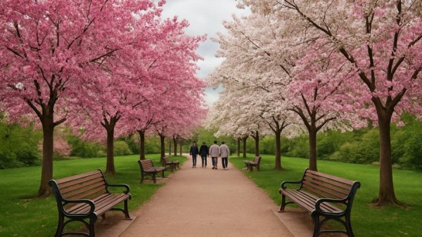 Charming park with cherry blossoms and benches, New Jersey
