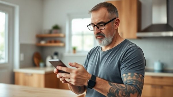 Man with diabetes sensor in kitchen using phone, highlighting Type 1 Diabetes and Dementia Risk.