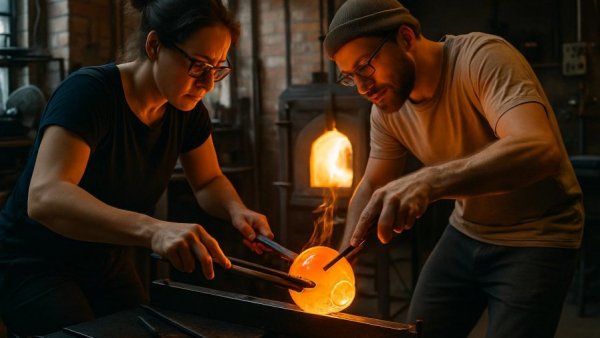 Glassblowing at Newark art center with artists shaping molten glass.