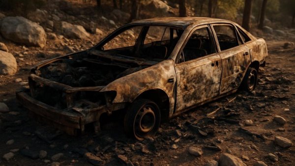Charred vehicle remains in Sparta NJ after fire.