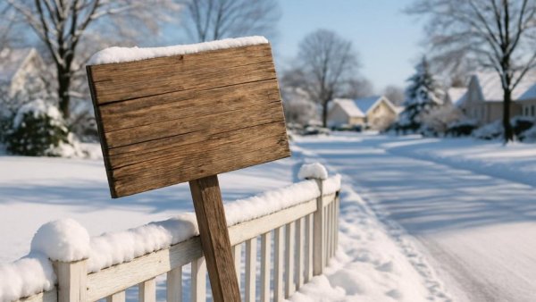 Skewed wooden sign against snowy fence in Sparta NJ neighborhood