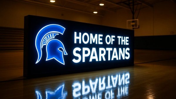 Sparta Boys Volleyball illuminated Spartan sign in gym with reflection.