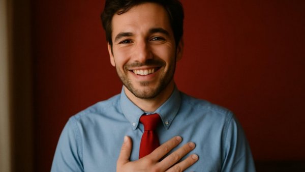 Cheerful young man against red background, Charlie Puth new album.