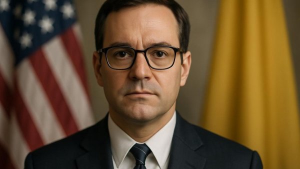 Portrait of a man with glasses, American and yellow flags behind.