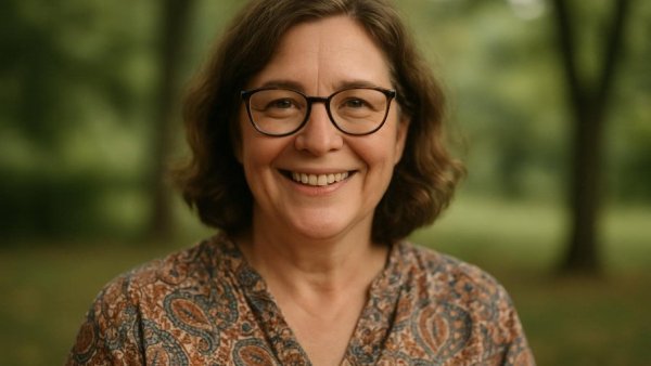 S.H.I.N.E. Educator smiling, wearing patterned shirt outdoors.