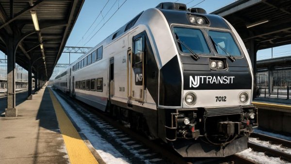 Modern NJ TRANSIT train at station highlighting NJ TRANSIT improvements.