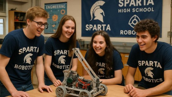 Velocity Robotics Team Sparta High School showcasing robotic creation.