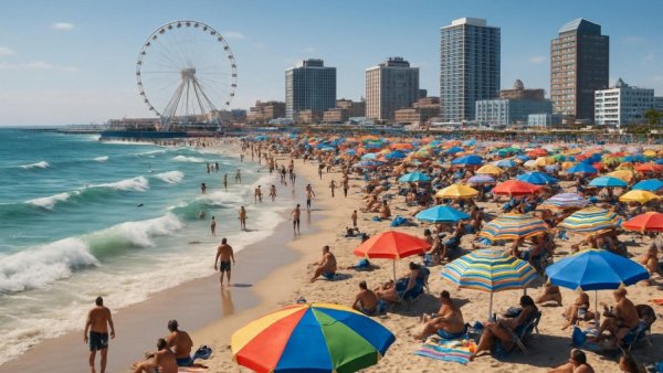 Vibrant New Jersey beach scene with people and colorful umbrellas.