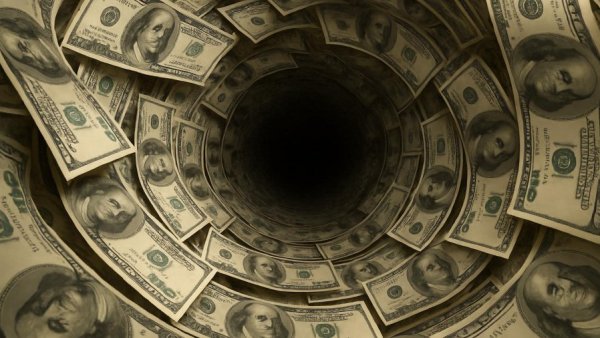 Vortex of hundred dollar bills symbolizing financial shifts.