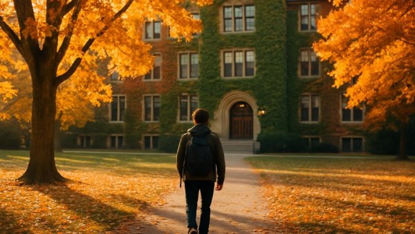 Person walking on campus with ivy-covered building amid autumn foliage.