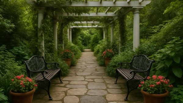 Serene passage in New Jersey arboretum, lush greenery, inviting benches.