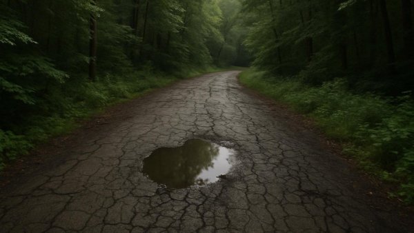Old Mine Road rehabilitation scene with cracked road and greenery.