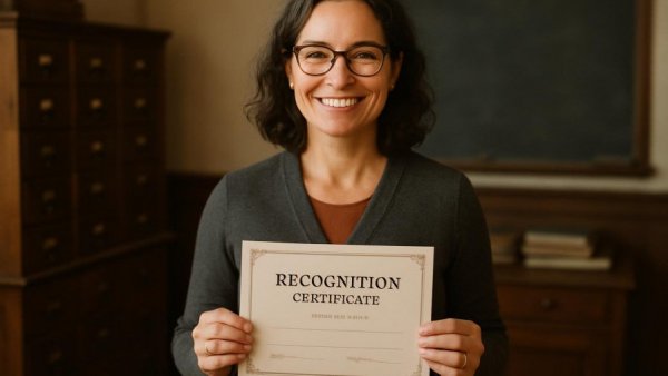 Smiling female teacher holding recognition certificate in Sparta NJ.