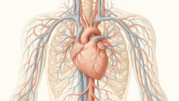 Anatomical model of cardiovascular system highlighting heart and vessels.