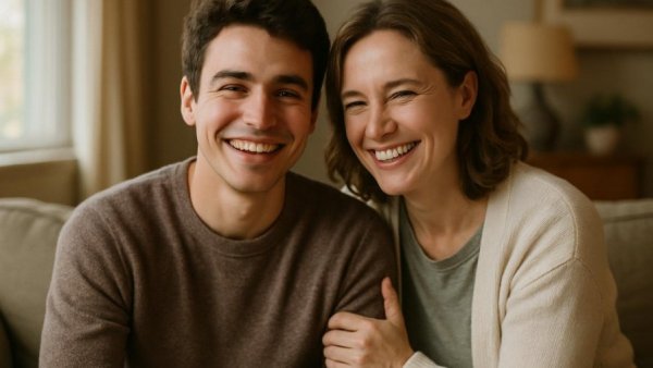 Happy young man and woman in living room, International Rare Disease Organization.