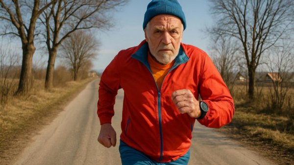 Older man running in vibrant gear, part of 100 marathons in 100 days challenge.