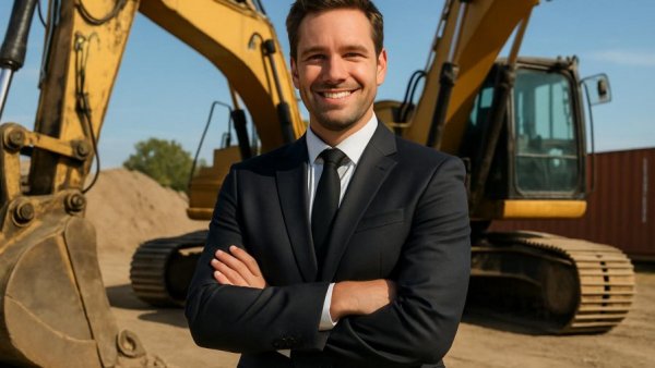 Mahwah small business recognition professional standing confidently by machinery outdoors.